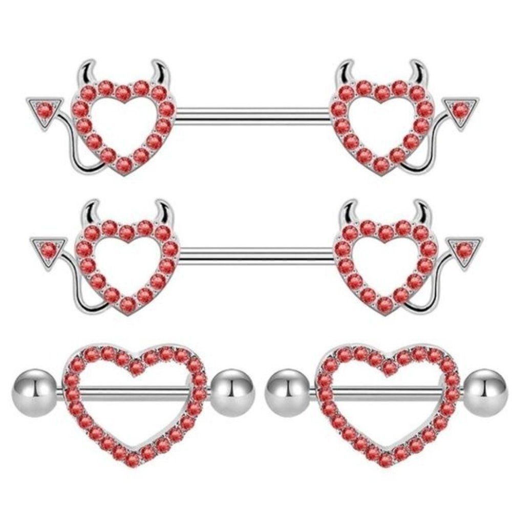 14G 316L Silver and Ruby Red Cubic Zirconia Devil & Hearts Nipplerings Set of 2